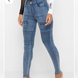 Maniere De Voir Light Blue Skinny Moto Jeans with Ribbed Knees